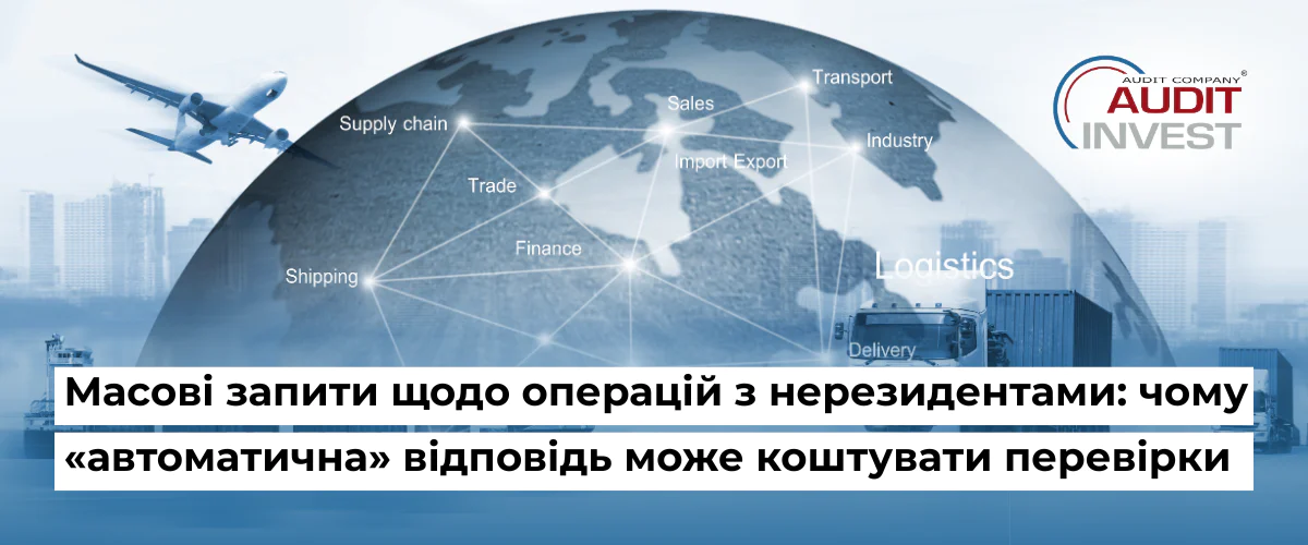 Global logistics graphic with a rotating globe showing interconnected routes, a plane in the sky, a truck and city skyline in blue tones, and the Audit Invest logo; overlaid Ukrainian headline about mass inquiries on operations with non-residents and automated responses.”,